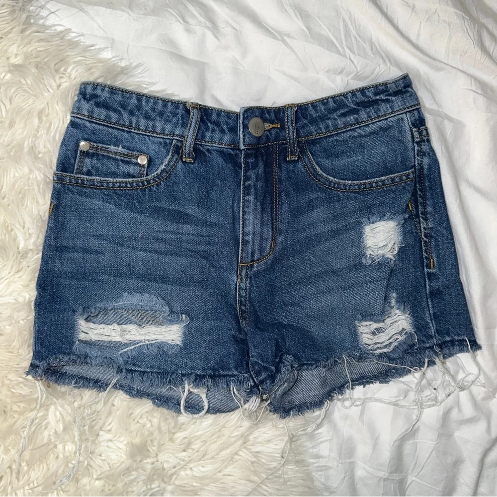 Gilded Intent | High Rise Denim Shorts GIF1022 Distressed Ripped Frayed Raw Hem